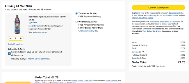 Screenshot showing Robinsons Apple & Blackcurrant No Added Sugar Squash 750ml 2 for £1.75 at Amazon