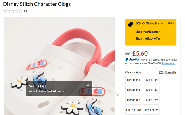 Screenshot showing Disney Stitch Character Clogs from £5.60 at George at Asda