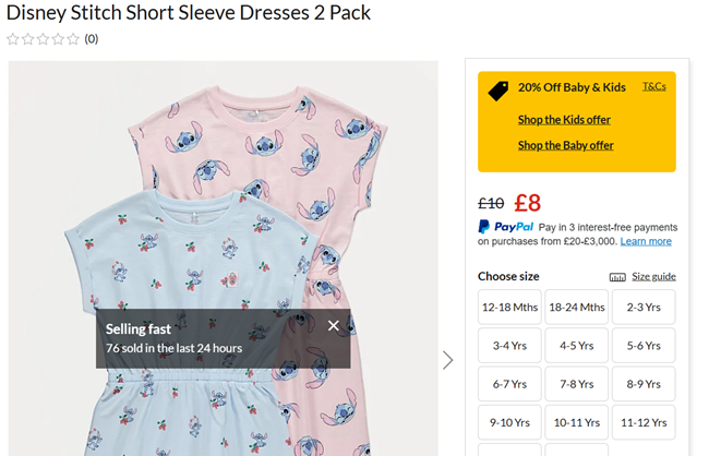 Screenshot showing Disney Stitch Short Sleeve Dresses 2 Pack from £8 at George at Asda