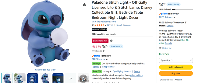 Screenshot showing Paladone Disney Stitch Lamp for £8.10 at Amazon