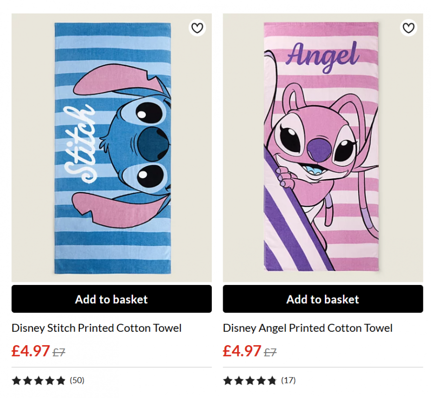 Screenshot showing Disney Stitch or Angel Printed Cotton Towel for £4.97 at George at Asda
