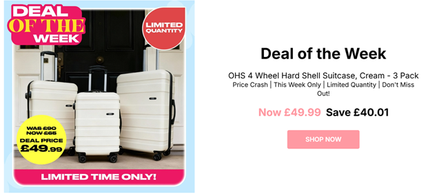 Screenshot showing OHS 4 Wheel Hard Shell Suitcase Cream 3 Pack for £49.99 at Online Home Shop