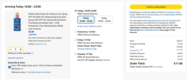 Screenshot showing NIVEA SUN Protect & Moisture Sun Spray SPF 30 (200 ml) 3 for £11.88 at Amazon