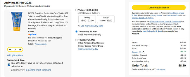 Screenshot showing NIVEA Sun Kids Protect & Care To Go SPF 50+ Lotion (50ml) 3 for £8.30 at Amazon