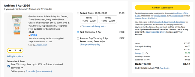 Screenshot showing Garnier Ambre Solaire Baby Sun Cream SPF50 50ml 3 for £8.32 at Amazon