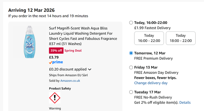 Screenshot showing Surf Magnifi-Scent Wash Laundry Liquid 837 ml (31 Washes) for £3.79 at Amazon