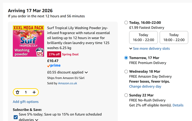 Screenshot showing Surf Tropical Lily Washing Powder 125 washes 6.25 kg for £10.47 at Amazon