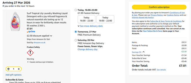 Screenshot showing Surf Tropical Lily Laundry Washing Liquid Detergent 95 washes 2.565 L for £7.01 at Amazon