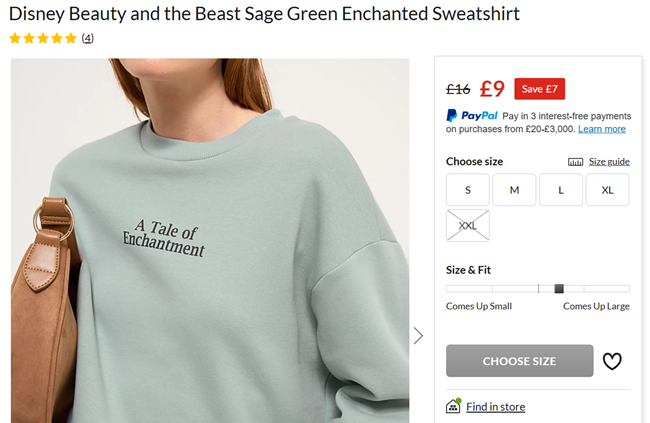 Screenshot showing Disney Beauty and the Beast Women's Sage Green Enchanted Sweatshirt for £9 at George at Asda