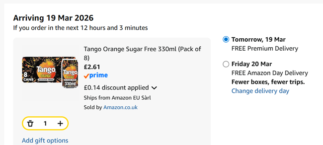 Screenshot showing Tango Orange Sugar Free 330ml (Pack of 8) for £2.61 at Amazon