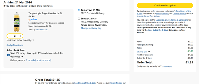 Screenshot showing Tango Apple Sugar Free Bottle 2L 2 for £1.85 at Amazon