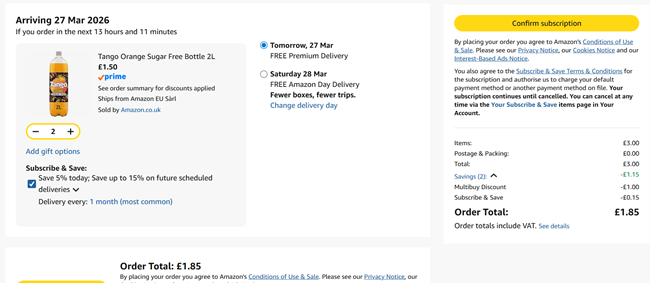 Screenshot showing Tango Orange Sugar Free Bottle 2L 2 for £1.85 at Amazon