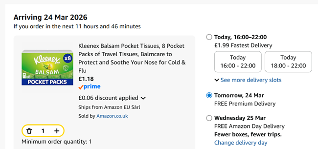 Screenshot showing Kleenex Balsam Tissues, 8 Pocket Packs for £1.18 at Amazon