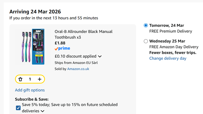 Screenshot showing Oral-B Allrounder Black Manual Toothbrush x 3 for £1.88 at Amazon