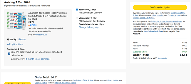 Screenshot showing Aquafresh Toothpaste Triple Protection Pack of 5 x 75ml for £4.51 at Amazon