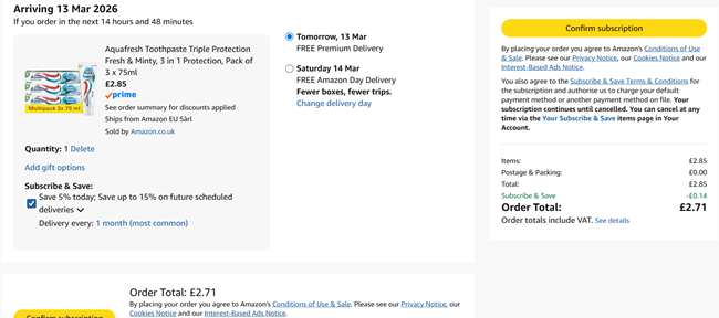 Screenshot showing Aquafresh Toothpaste Triple Protection Fresh & Minty, Pack of 3 x 75ml for £2.71 at Amazon