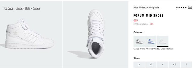 Screenshot showing Kids Adidas Forum Mid Shoes for £35 at Adidas
