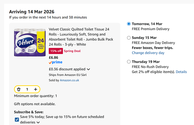 Screenshot showing Velvet Classic Quilted Toilet Tissue 24 Rolls for £6.86 at Amazon