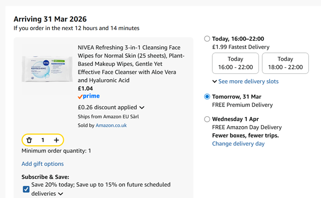 Screenshot showing NIVEA Refreshing 3-in-1 Cleansing Face Wipes for £1.04 at Amazon