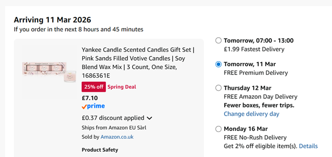 Screenshot showing Yankee Candle 3 Filled Votive Candles Gift Set for £7.10 at Amazon