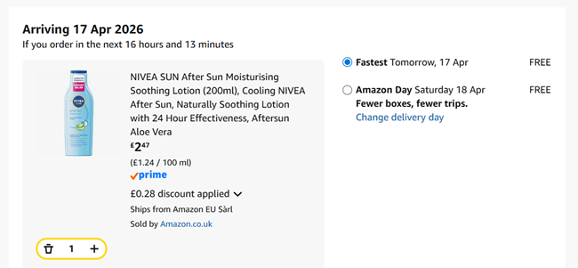Screenshot showing NIVEA SUN After Sun Moisturising Soothing Lotion (200ml) for £2.47 at Amazon