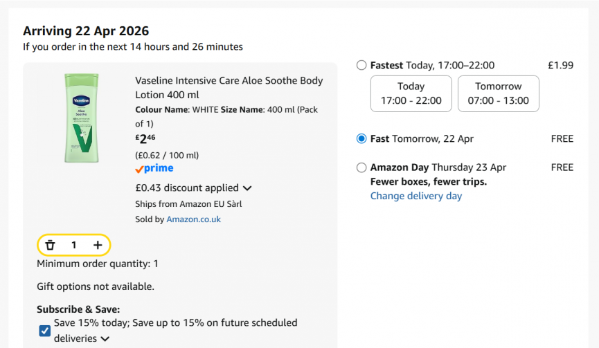Screenshot showing Vaseline Intensive Care Aloe Soothe Body Lotion 400 ml for £2.46 at Amazon