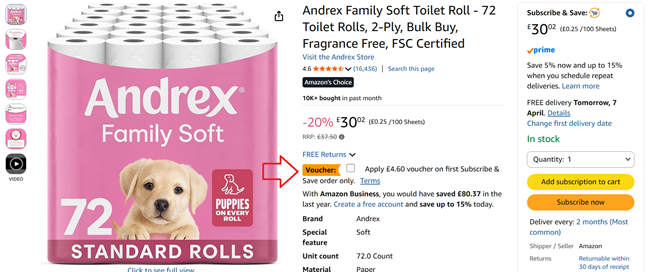 Screenshot showing Andrex Family Soft 72 Toilet Rolls at Amazon