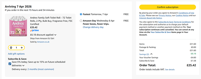 Screenshot showing Andrex Family Soft 72 Toilet Rolls for £25.42 at Amazon