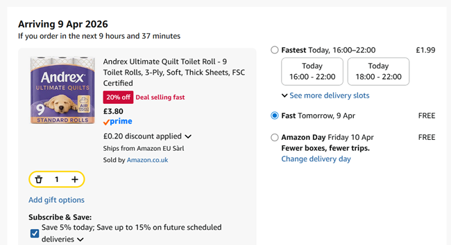 Screenshot showing Andrex Ultimate Quilt 9 Toilet Rolls for £3.80 at Amazon