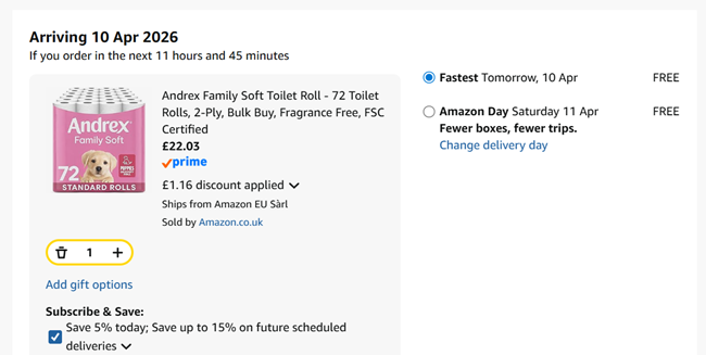 Screenshot showing Andrex Family Soft 72 Toilet Rolls for £22.03 at Amazon