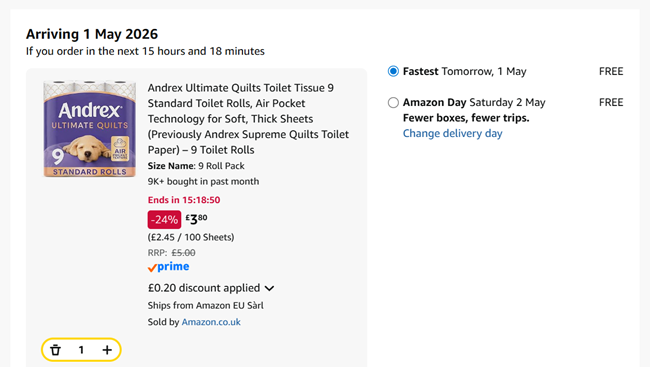 Screenshot showing Andrex Ultimate Quilt 9 Toilet Rolls for £3.80 at Amazon