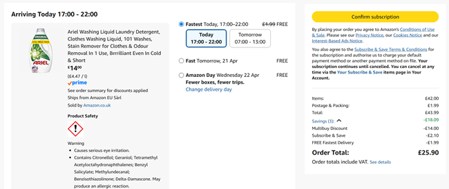 Screenshot showing Ariel Washing Liquid Laundry Detergent, 101 Washes x 3 for £25.90 at Amazon
