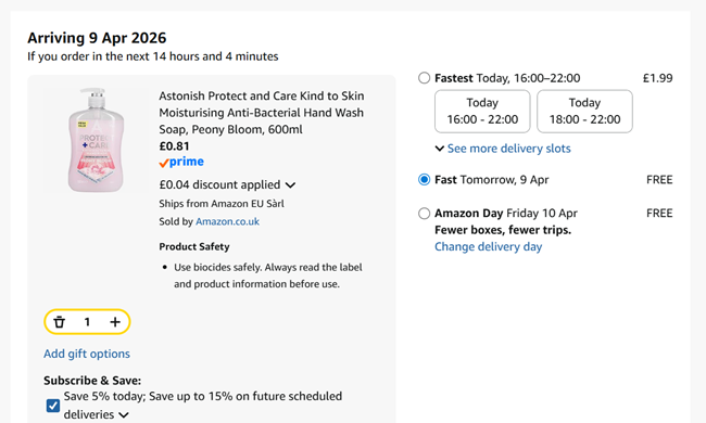 Screenshot showing Astonish Protect and Care Kind to Skin Moisturising Anti-Bacterial Hand Wash Soap, Peony Bloom, 600ml for 81p at Amazon