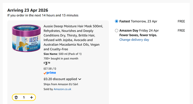 Screenshot showing Aussie Deeep Moisture Hair Mask 500ml for £3.79 at Amazon