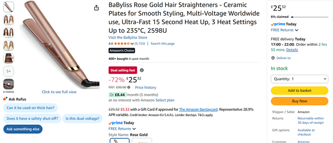 Screenshot showing BaByliss Rose Gold Hair Straighteners for £25.32 at Amazon
