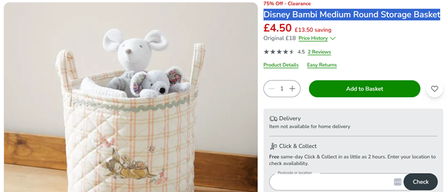 Screenshot showing Disney Bambi Medium Round Storage Basket for £4.50 at Dunelm