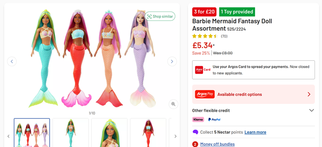 Screenshot showing Barbie Mermaid Fantasy Doll Assortment for £5.34 at Argos