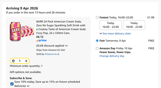 Screenshot showing BARR American Cream Soda No Sugar 24 x 330ml Cans for £6.12 at Amazon