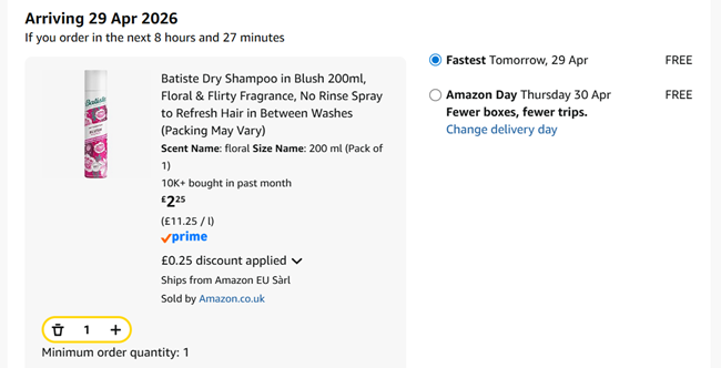 Screenshot showing Batiste Dry Shampoo Blush 200ml for £2.25 at Amazon