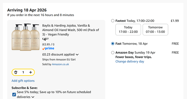 Screenshot showing Baylis & Harding Hand Wash 500ml Pack of 3 for £4.27 at Amazon