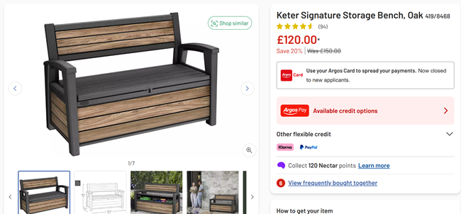 Screenshot showing Keter Signature Storage Bench, Oak for £120 at Argos