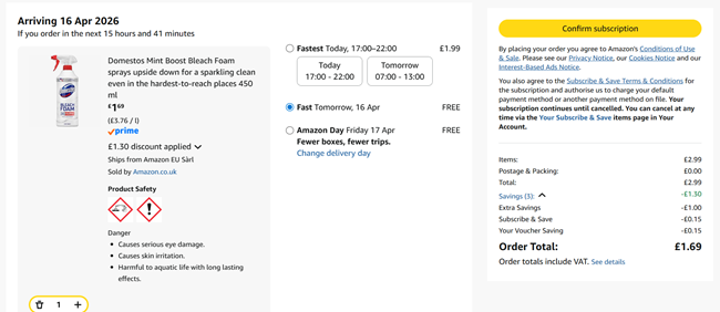 Screenshot showing Domestos Mint Boost Bleach Foam 450ml for £1.69 at Amazon
