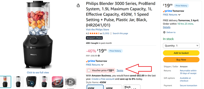 Screenshot showing Philips Blender 3000 Series at Amazon