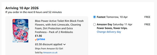 Screenshot showing Bloo Power Active Toilet Rim Block Fresh Flowers 2 Pack for £1.56 at Amazon