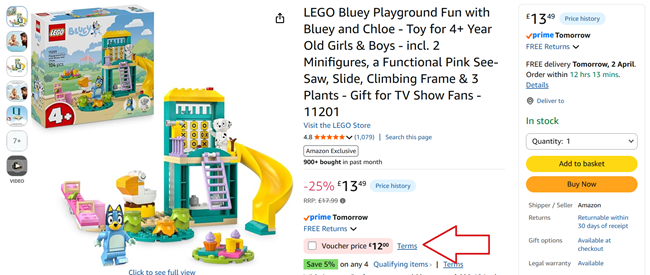 Screenshot showing LEGO Bluey Playground Fun with Bluey and Chloe at Amazon