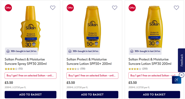 Screenshot showing Buy One Get One Free offer on selected Soltan Suncare at Boots