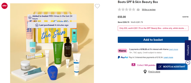 Screenshot showing Boots SPF & Skin Beauty Box for £55 at Boots