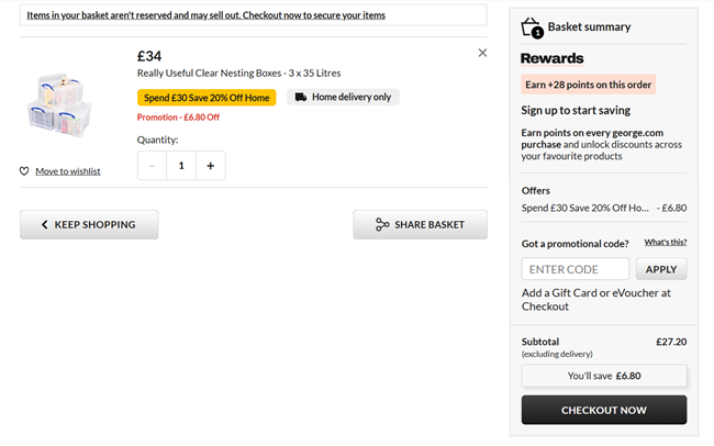 Screenshot showing Really Useful Clear Storage Boxes - 3 x 35 Litres for £27.20 at George at Asda