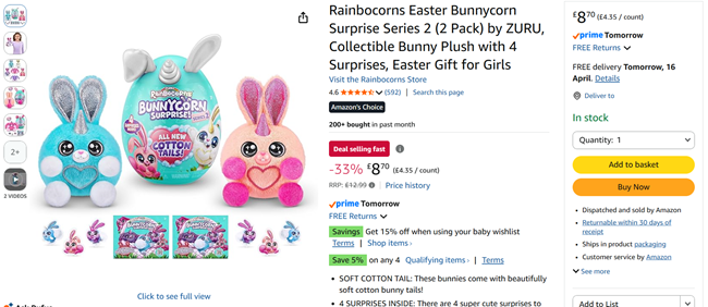 Screenshot showing Rainbocorns Bunnycorn Surprise Series 2 (2 Pack) for £8.70 at Amazon