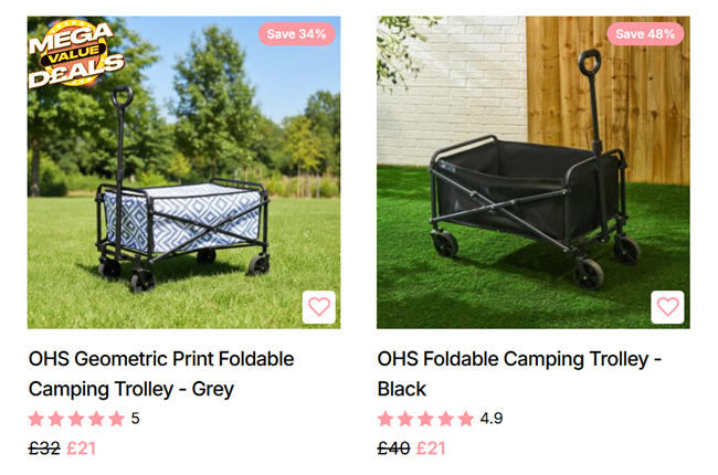 Screenshot showing OHS Foldable Camping Trolley for £21 at Online Home Shop
